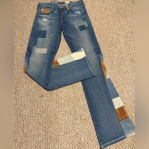Ag Adriano Goldschmied Patchwork Blue and Tan Women's Jeans